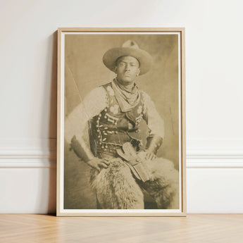 Sepia-toned Framed Portrait Man Vintage Cowboy Attire Wide-brimmed Photographic Postcard, Gelatin Silver Print, Leather Holster Belt, Black