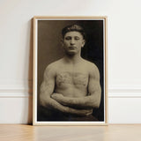 Portrait of a Tattooed American Soldier Art Print / Canvas Vintage Sepia-toned Man Light Wood Frame Faces Forward, Torso Unclothed, Body