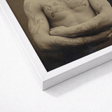 Portrait of a Tattooed American Soldier Art Print / Canvas White Framed Artwork Torso Sepia Tones Faces Forward, Unclothed, Body