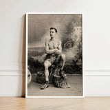 Portrait of a Tattooed Man Art Print / Canvas Framed Black-and-white Muscular Tattoos Seated Tree Lean Figure Sits, Intricate, Quiet Force