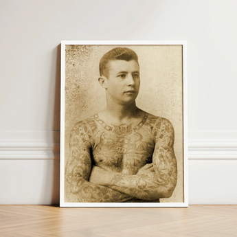 Portrait of a Tattooed Man - Charles Eisenmann Art Print / Canvas Vintage Sepia-toned White Frame Eisenmann’s, Seizes, Chain Motifs Prints