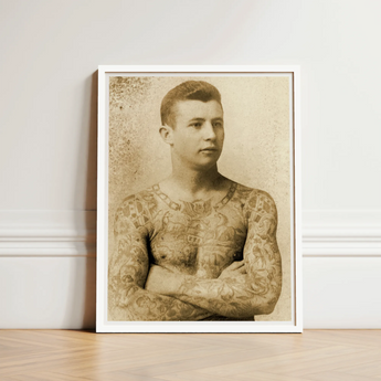 Portrait of a Tattooed Man - Charles Eisenmann Art Print / Canvas Vintage Sepia-toned Simple White Frame Eisenmann’s, Seizes, Chain Motifs
