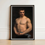 Framed Portrait Muscular Man Dark Hair Mustache Depicted Maurice Deriaz, Gustave Courtois’s, Athlete, Pale Blue Sash, Knotted, Champion