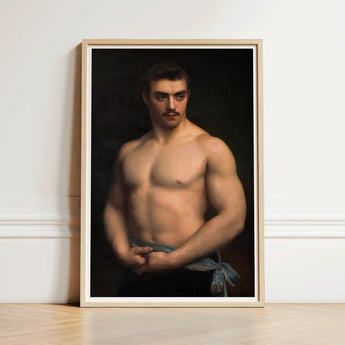 Framed Portrait Muscular Man Dark Hair Mustache Depicted Maurice Deriaz, Gustave Courtois’s, Athlete, Pale Blue Sash, Knotted, Champion