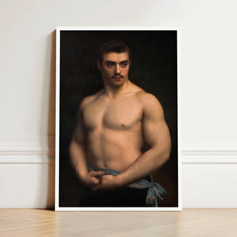 Framed Portrait Muscular Man Dark Hair Mustache Depicted Maurice Deriaz, Gustave Courtois’s, Athlete, Pale Blue Sash, Knotted, Champion