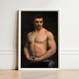 Framed Portrait Muscular Man Dark Hair Mustache Depicted Maurice Deriaz, Gustave Courtois’s, Athlete, Pale Blue Sash, Knotted, Champion