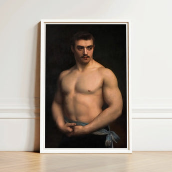 Framed Portrait Muscular Man Dark Hair Mustache Depicted Maurice Deriaz, Gustave Courtois’s, Athlete, Pale Blue Sash, Knotted, Champion
