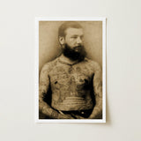 Portrait of Tattooed Man - Charles Eisenmann Art Print / Canvas Vintage Sepia-toned Bearded Extensive Tattoos Eisenmann’s Photograph,
