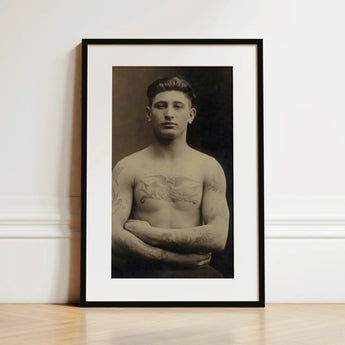 Portrait of a Tattooed American Soldier Art Print / Canvas Black-framed Man Sepia Tones White Faces Forward, Torso Unclothed, Body