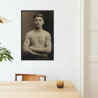 Portrait of a Tattooed American Soldier Art Print / Canvas Black-framed Muscular Man Tattoos Wall Faces Forward, Torso Unclothed, Body