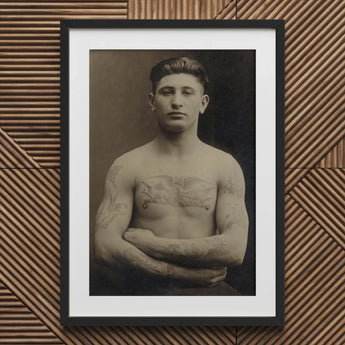 Portrait of a Tattooed American Soldier Art Print / Canvas Black Framed Sepia-toned Muscular Man Tattoos Faces Forward, Torso Unclothed,
