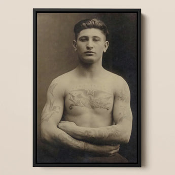 Portrait of a Tattooed American Soldier Art Print / Canvas Black-framed Vintage Sepia-toned Man Arms Crossed Faces Forward, Torso