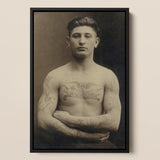 Portrait of a Tattooed American Soldier Art Print / Canvas Black-framed Vintage Sepia-toned Man Arms Crossed Faces Forward, Torso