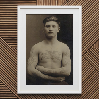 Portrait of a Tattooed American Soldier Art Print / Canvas Black White Framed Muscular Man Tattoos Faces Forward, Torso Unclothed, Body