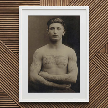 Portrait of a Tattooed American Soldier Art Print / Canvas Black White Framed Muscular Man Tattoos Faces Forward, Torso Unclothed, Body