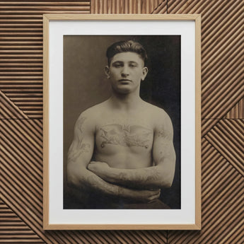 Portrait of a Tattooed American Soldier Art Print / Canvas Black White Framed Muscular Man Tattoos Vintage Faces Forward, Torso Unclothed,