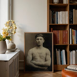 Portrait of a Tattooed American Soldier Art Print / Canvas Framed Black-and-white Muscular Man Tattoos Simple Wooden Faces Forward, Torso