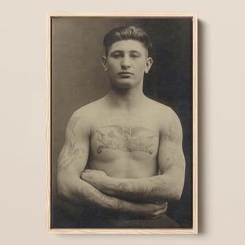 Portrait of a Tattooed American Soldier Art Print / Canvas Vintage Sepia-toned Photograph Man Light Wood Faces Forward, Torso Unclothed,