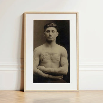 Portrait of a Tattooed American Soldier Art Print / Canvas Vintage Sepia-toned Photograph Man Light Wood Faces Forward, Torso Unclothed,