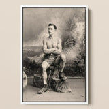 Portrait of a Tattooed Man Art Print / Canvas Framed Black-and-white Muscular Tattoos Seated Tree Lean Figure Sits, Intricate, Quiet Force