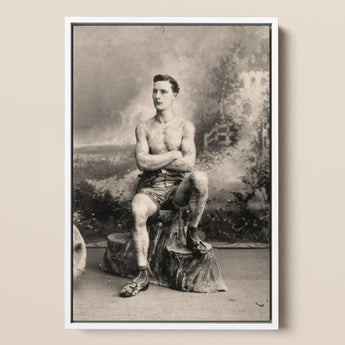 Portrait of a Tattooed Man Art Print / Canvas Framed Black-and-white Muscular Tattoos Seated Tree Lean Figure Sits, Intricate, Quiet Force