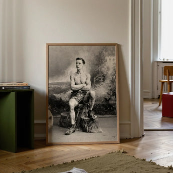 Portrait of a Tattooed Man Art Print / Canvas Framed Black-and-white Muscular Vintage Attire Seated Lean Figure Sits, Intricate Tattoos,