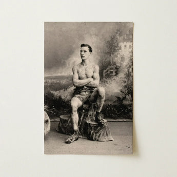 Portrait of a Tattooed Man Art Print / Canvas Vintage Black-and-white Photographic Muscular Tattoos Seated Lean Figure Sits, Intricate,
