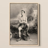 Portrait of a Tattooed Man Art Print / Canvas Vintage Black-and-white Seated Tree Stump Lean Figure Sits, Intricate Tattoos, Quiet Force