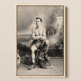 Portrait of a Tattooed Man Art Print / Canvas Vintage Black-and-white Seated Tree Stump Lean Figure Sits, Intricate Tattoos, Quiet Force