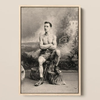 Portrait of a Tattooed Man Art Print / Canvas Vintage Black-and-white Seated Tree Stump Lean Figure Sits, Intricate Tattoos, Quiet Force