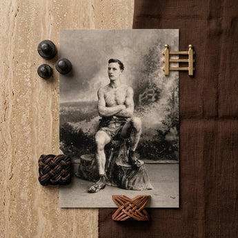 Portrait of a Tattooed Man Art Print / Canvas Vintage Sepia-toned Photograph Muscular Seated Tree Lean Figure Sits, Intricate Tattoos,