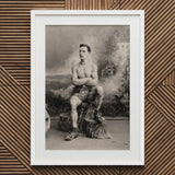 Portrait of a Tattooed Man Art Print / Canvas White Framed Vintage Boxer Photograph Lean Figure Sits, Intricate Tattoos, Quiet Force Prints