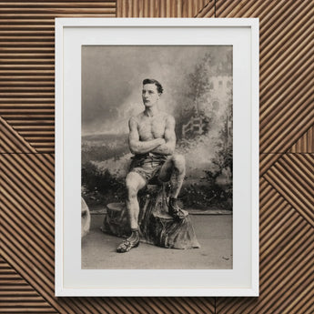 Portrait of a Tattooed Man Art Print / Canvas White Framed Vintage Boxer Photograph Lean Figure Sits, Intricate Tattoos, Quiet Force Prints