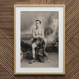 Portrait of a Tattooed Man Art Print / Canvas Wooden Framed Black White Photograph Tree Stump Lean Figure Sits, Intricate Tattoos, Quiet