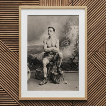 Portrait of a Tattooed Man Art Print / Canvas Wooden Framed Black White Photograph Tree Stump Lean Figure Sits, Intricate Tattoos, Quiet