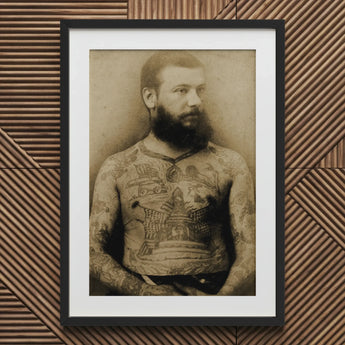 Portrait of Tattooed Man - Charles Eisenmann Art Print / Canvas Black Framed Vintage Tattoo Eisenmann’s Photograph, Posed, Female Bust