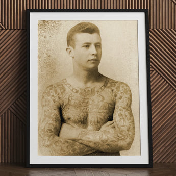 Portrait of a Tattooed Man - Charles Eisenmann Art Print / Canvas Vintage Black Frame White Eisenmann’s, Seizes, Chain Motifs Prints