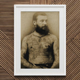 Portrait of Tattooed Man - Charles Eisenmann Art Print / Canvas Vintage Sepia-toned Framed Heavily Beard Eisenmann’s Photograph, Posed,