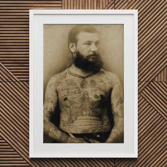 Portrait of Tattooed Man - Charles Eisenmann Art Print / Canvas Vintage Sepia-toned Framed Heavily Beard Eisenmann’s Photograph, Posed,