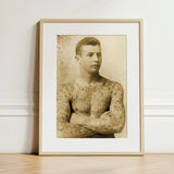 Portrait of a Tattooed Man - Charles Eisenmann Art Print / Canvas Vintage Sepia-toned Light Wood Eisenmann’s, Seizes, Chain Motifs Prints