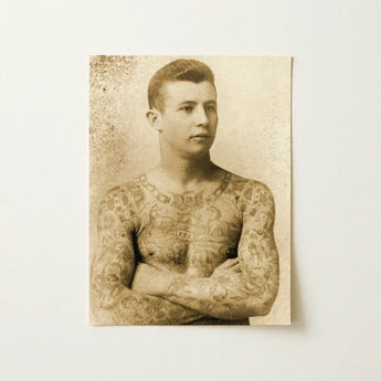 Portrait of a Tattooed Man - Charles Eisenmann Art Print / Canvas Vintage Sepia-toned Photograph Young Arms Crossed Eisenmann’s, Seizes,