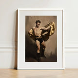 Prancer - Gay Circus Performer Art Print / Canvas Framed Artwork Muscular Man Black Shorts Boots Golden, Theatrical Bravado, Redefines