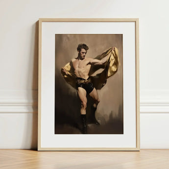 Prancer - Gay Circus Performer Art Print / Canvas Framed Painting Muscular Man Black Shorts Boots Golden, Theatrical Bravado, Redefines