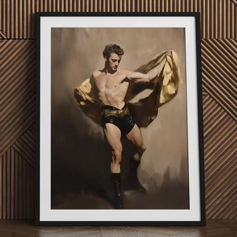 Prancer - Gay Circus Performer Art Print / Canvas Framed Painting Muscular Man Black Shorts Boots Golden, Theatrical Bravado, Redefines