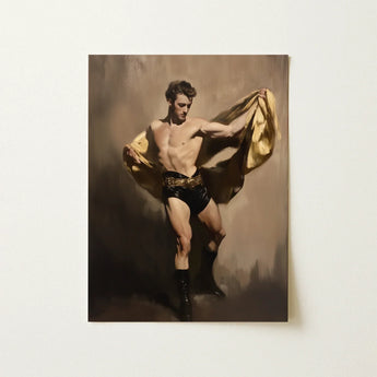 Prancer - Gay Circus Performer Art Print / Canvas Muscular Man Black Shiny Singlet Gold Trim Tall, Theatrical Bravado, Redefines Masculine