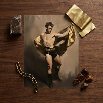 Prancer - Gay Circus Performer Art Print / Canvas Printed Portrait Muscular Man Black Shorts Boots Draped, Theatrical Bravado, Redefines