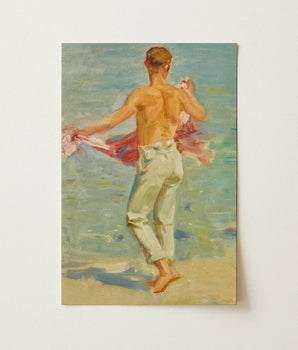 Preparing to Bathe (1911) - Henry Scott Tuke Art Print / Canvas Rectangular Impressionistic Painting Shirtless Man Light-colored