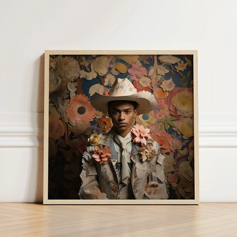 Framed Portrait Person Ornate Light-colored Cowboy Hat Jacket Dandy Gay, Afroamerican Twunk Outlaw’s, Spirit’s Queer