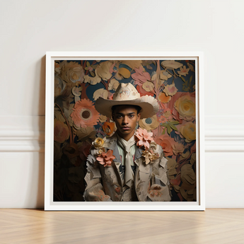 Framed Portrait Person Ornate Light-colored Cowboy Hat Jacket Dandy Gay, Afroamerican Twunk Outlaw’s, Spirit’s Queer