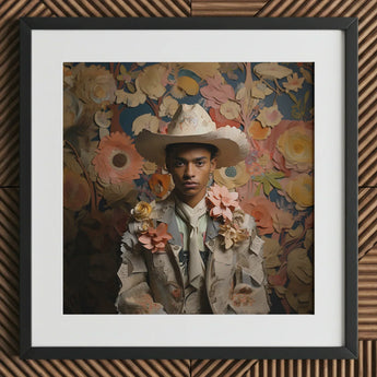 Presley - Gay Black Twunk Cowboy Art Print / Canvas Framed Portrait Man Ornate Cream-colored Hat Adorned Dandy, Afroamerican Outlaw’s,